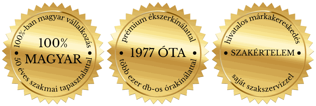 100% magyar vállalkozás 50 éves szakmai tapasztalattal; 1977 óta prémium ékszer- és több ezer darabos órakínálattal; szakértelem: hivatalos márkakereskedés saját szakszervizzel